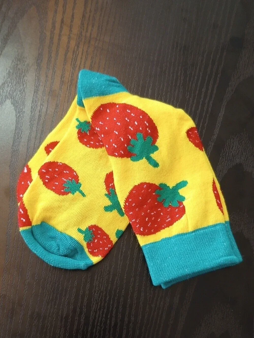 Yellow Strawberry Crew Mid calf Socks with Teal Accents